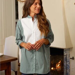 Frank & Eileen Green + White Striped Tuxedo Button-Up Shirt - size Large